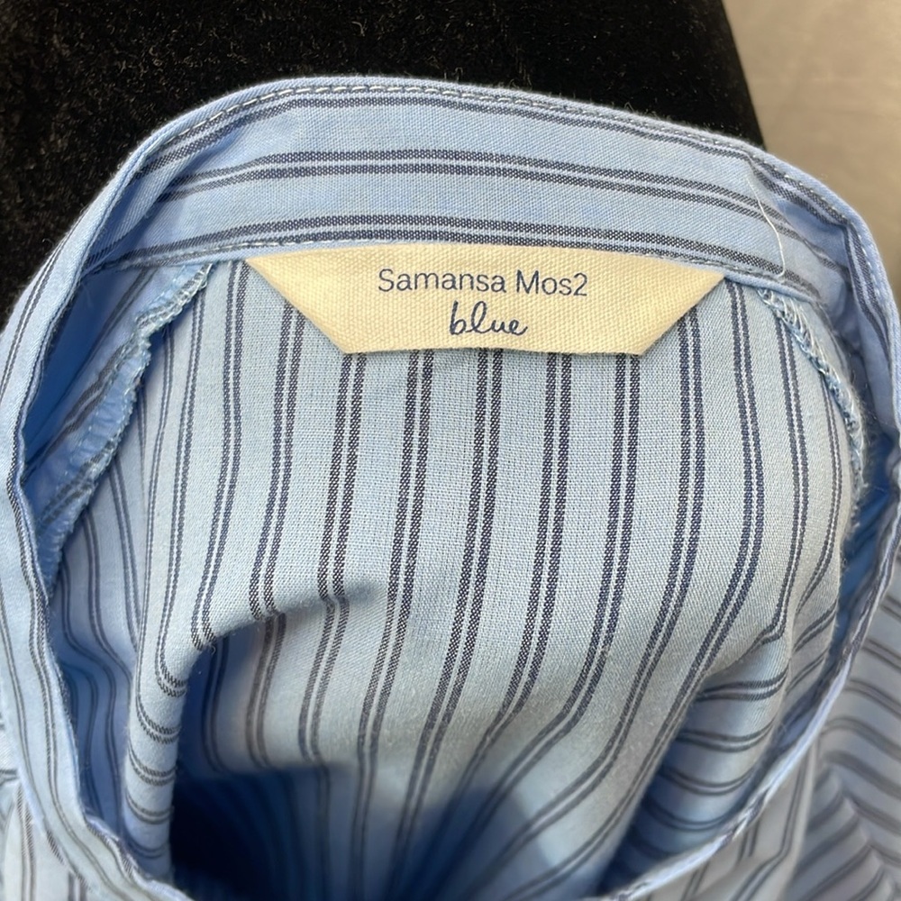 Striped Blue Tie-Sleeve Button-Front Women’s Top - Picture 6 of 9